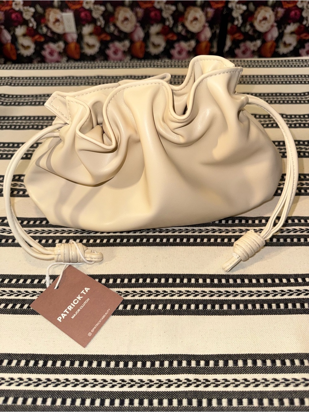 Patrick Ta Ivory Ruched Drawstring Wristlet Clutch, NWT